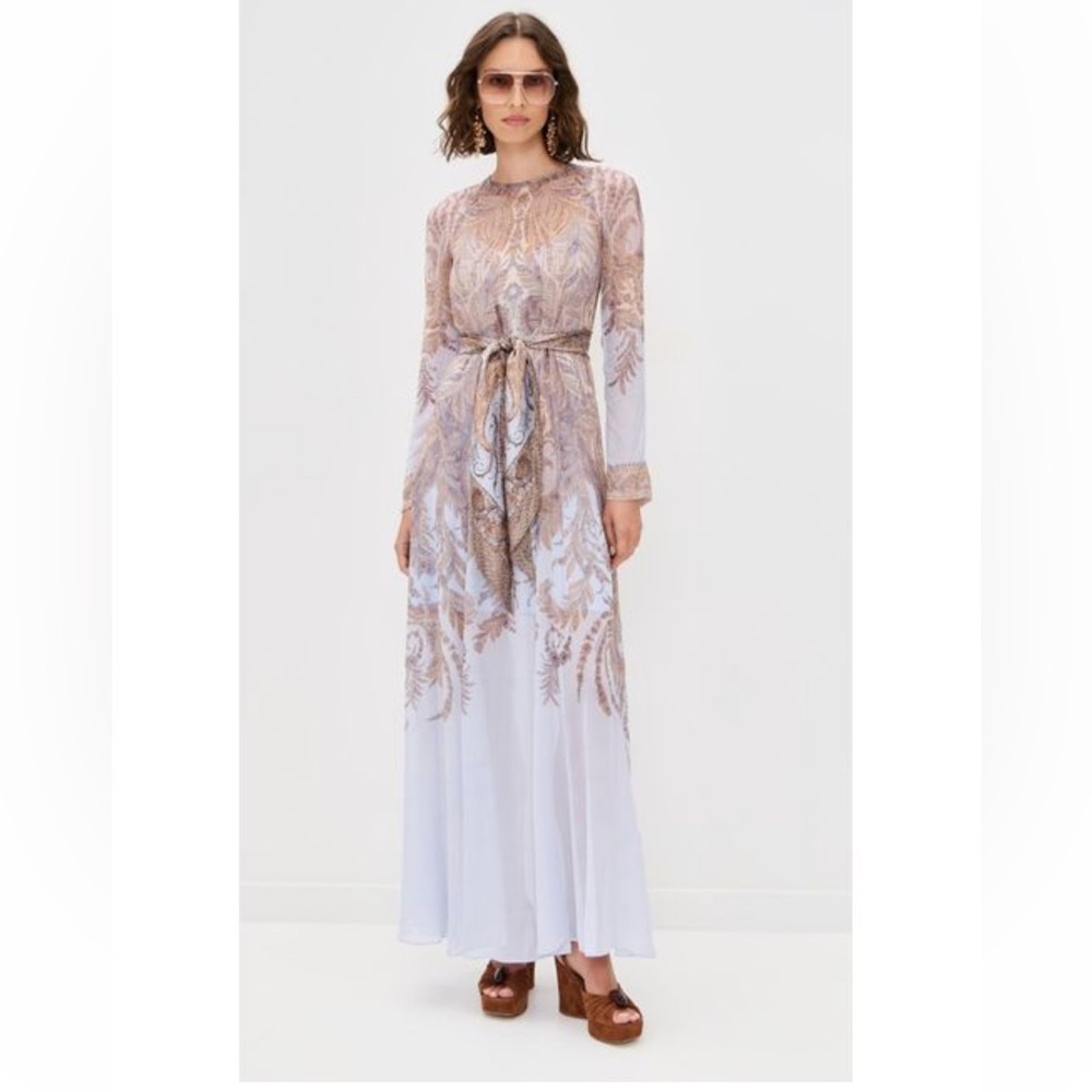 Zimmermann Hypnotic Paisley Long Sleeves Maxi Belt Sheath Dress Lilac AU 1 US 6